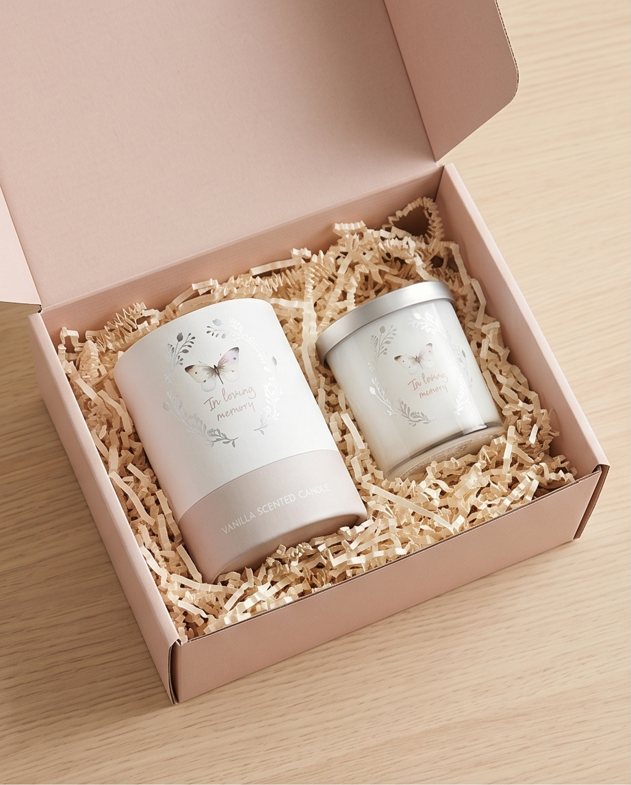 cadeau box roze gevuld met kaarspot met daarop een afbeelding van een vlinder.jpg