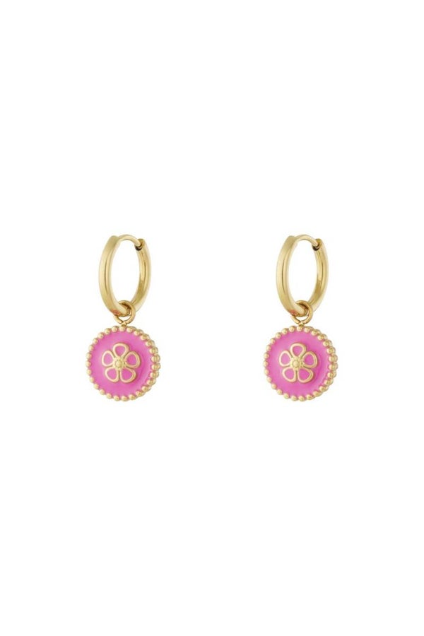 oorbellen rvs met bloem motief - donker roze