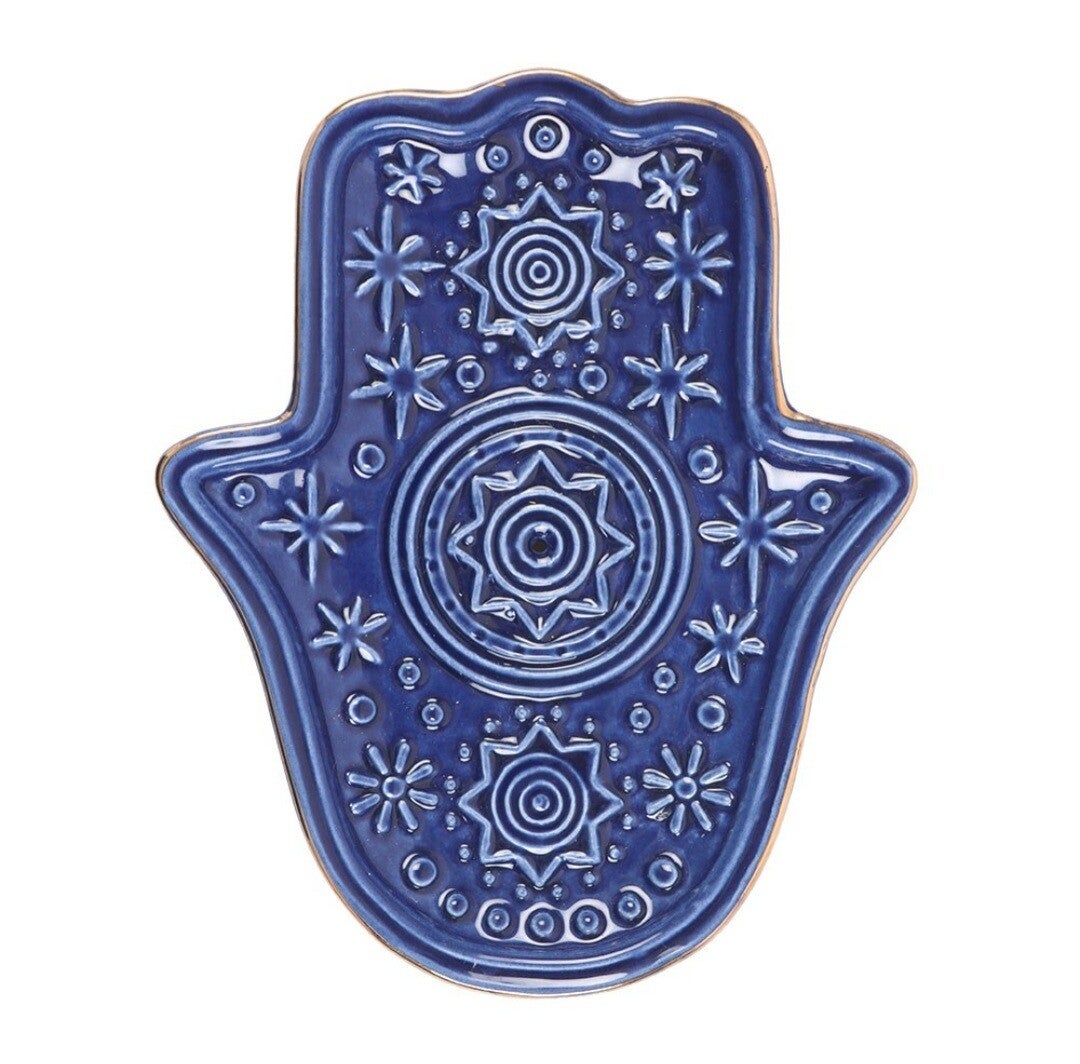 Donkerblauwe keramische wierookhouder en sieradenschaaltje met hand van Hamsa-motief