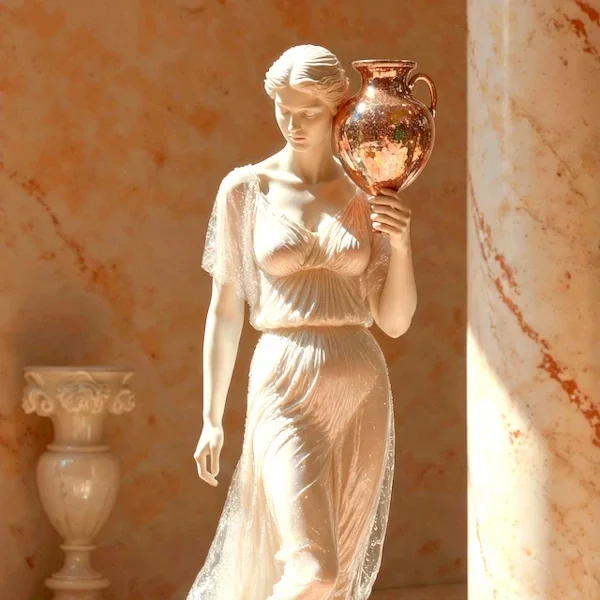 Statue grecque d'une femme tenant une amphore à l'oreille, illustrant les démos voix-off de Pauline Chaix pour des audioguides culturels et patrimoniaux.