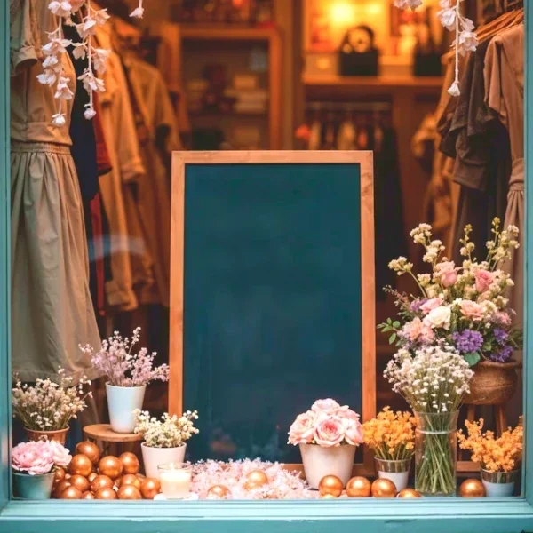 Vitrine de boutique de mode au décor floral, illustrant les démos voix-off de Pauline Chaix pour des spots publicitaires TV et radio.