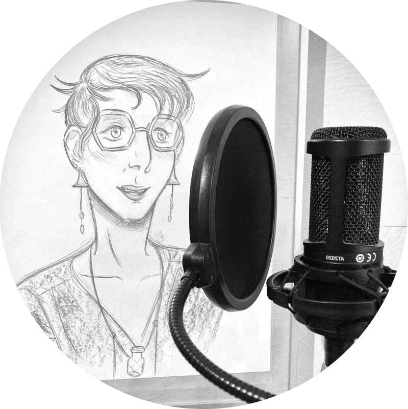 Micro de studio devant un dessin du visage de Pauline Chaix, illustrant l'union de la technique et de l'artistique.