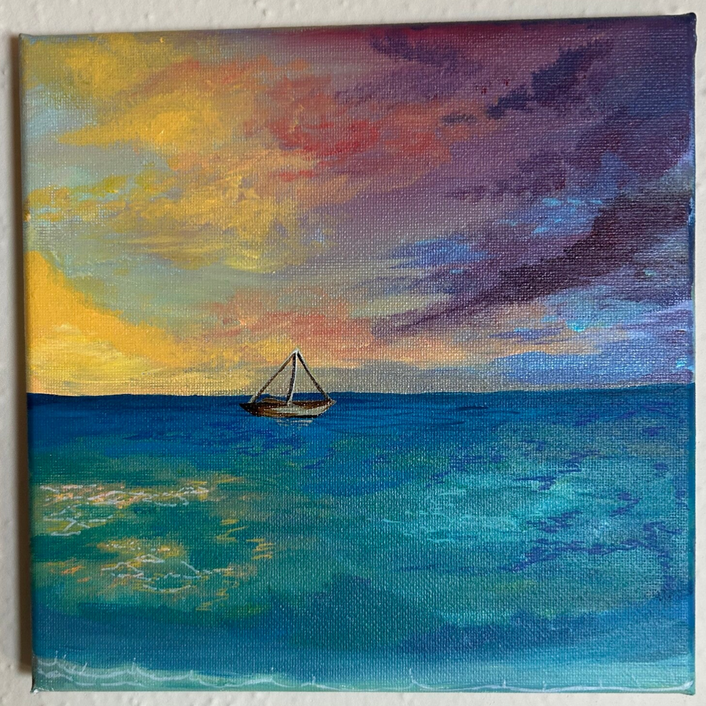 “Sailing through color” acrylic painting 8x8” canvas