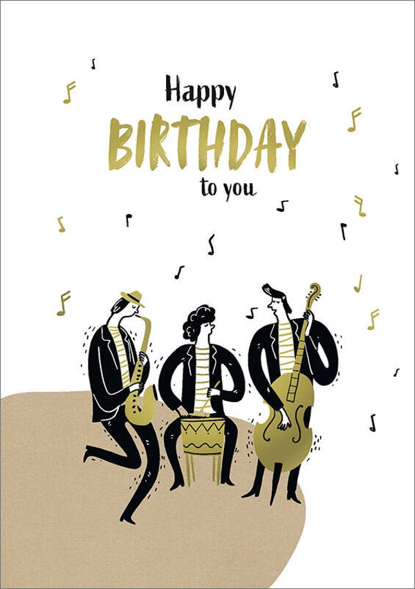 Wenskaart - Vrolike band - Happy Birthday to you - met kraft envelop.