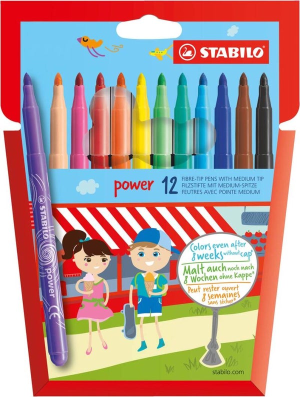 STABILO Power - Viltstift - Tot 8 Weken Zonder Dop - Etui Met 12 Kleuren