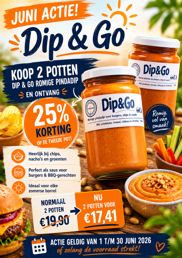 Dip & Go – Romige pindadip 25% korting op de tweede pot.