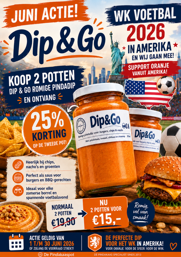 Dip & Go – Romige pindadip 25% korting op de tweede pot.