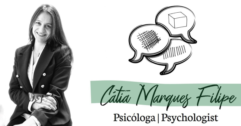 imagem de apresentação com foto a preto e branco da psicóloga Cátia Marques Filipe, logotipo ao lado direito