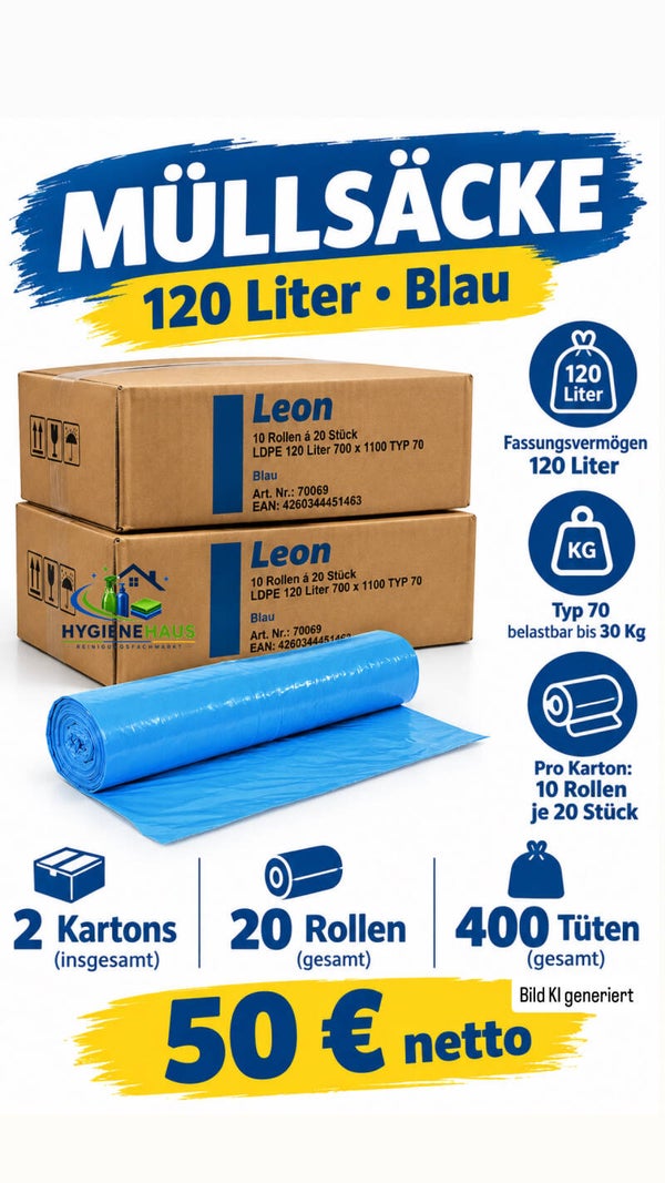 2 Karton Müllsack Leon 120 Liter blau