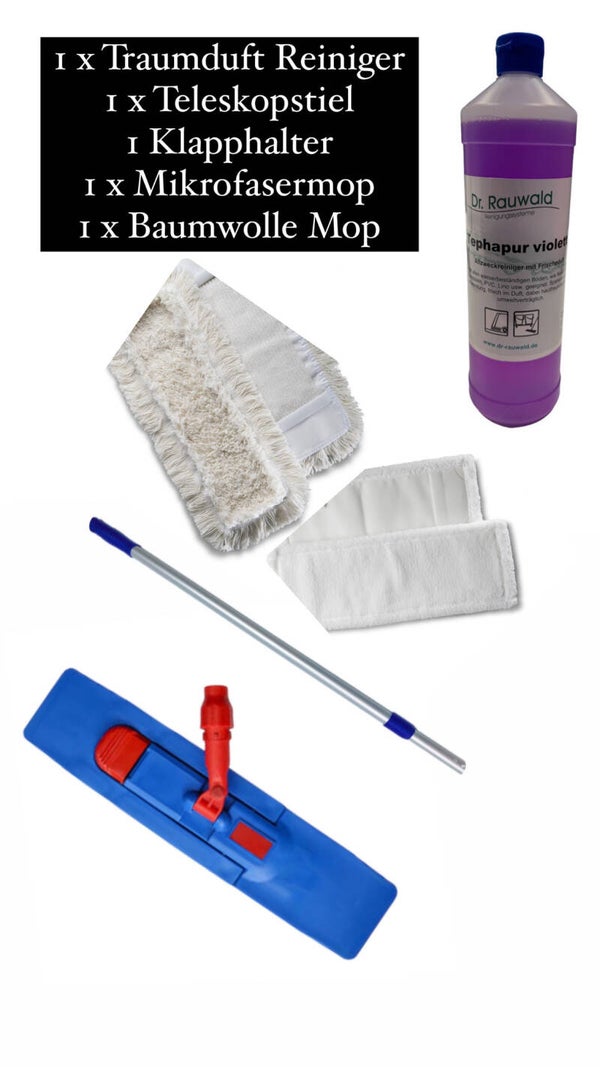 Klapphalter + Teleskopstiel + 1 Baumwolle + 1 Mikrofasermopp + 1 Liter Duftreiniger