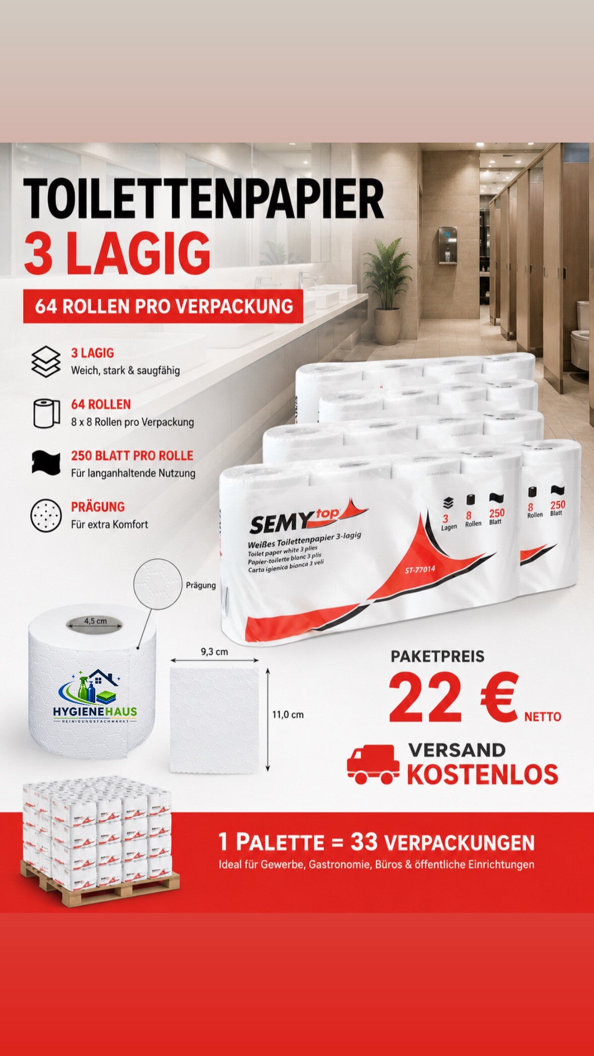 Toilettenpapier 3 lagig - 33 Verpackungen je 64 Rollen