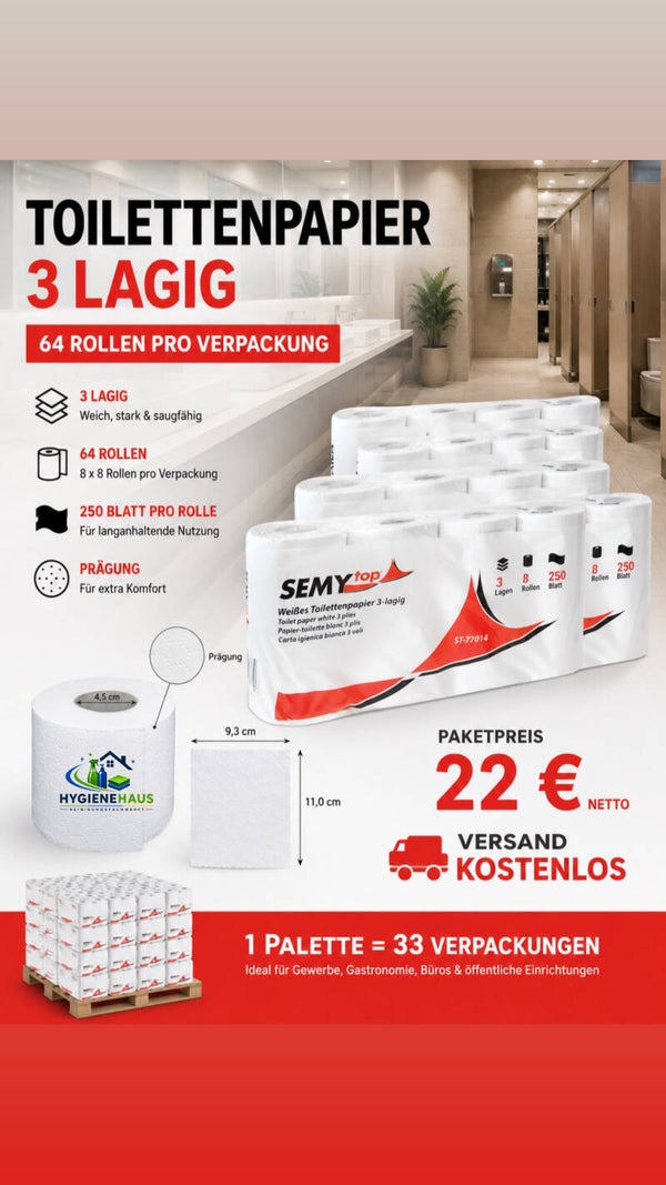 Toilettenpapier 3 lagig - 33 Verpackungen je 64 Rollen