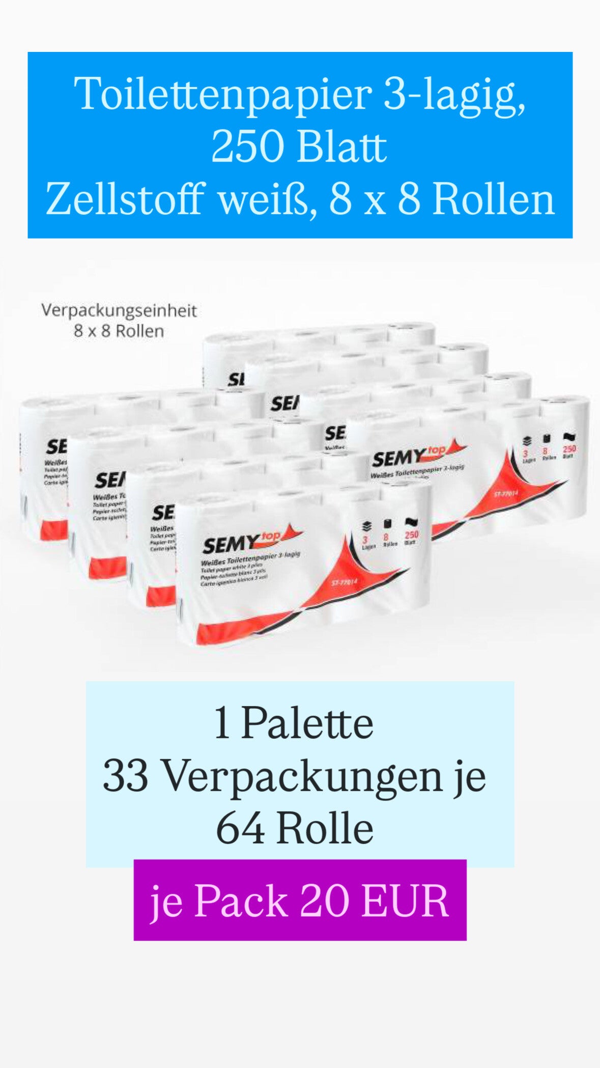 Toilettenpapier 3 lagig - 33 Verpackungen je 64 Rollen