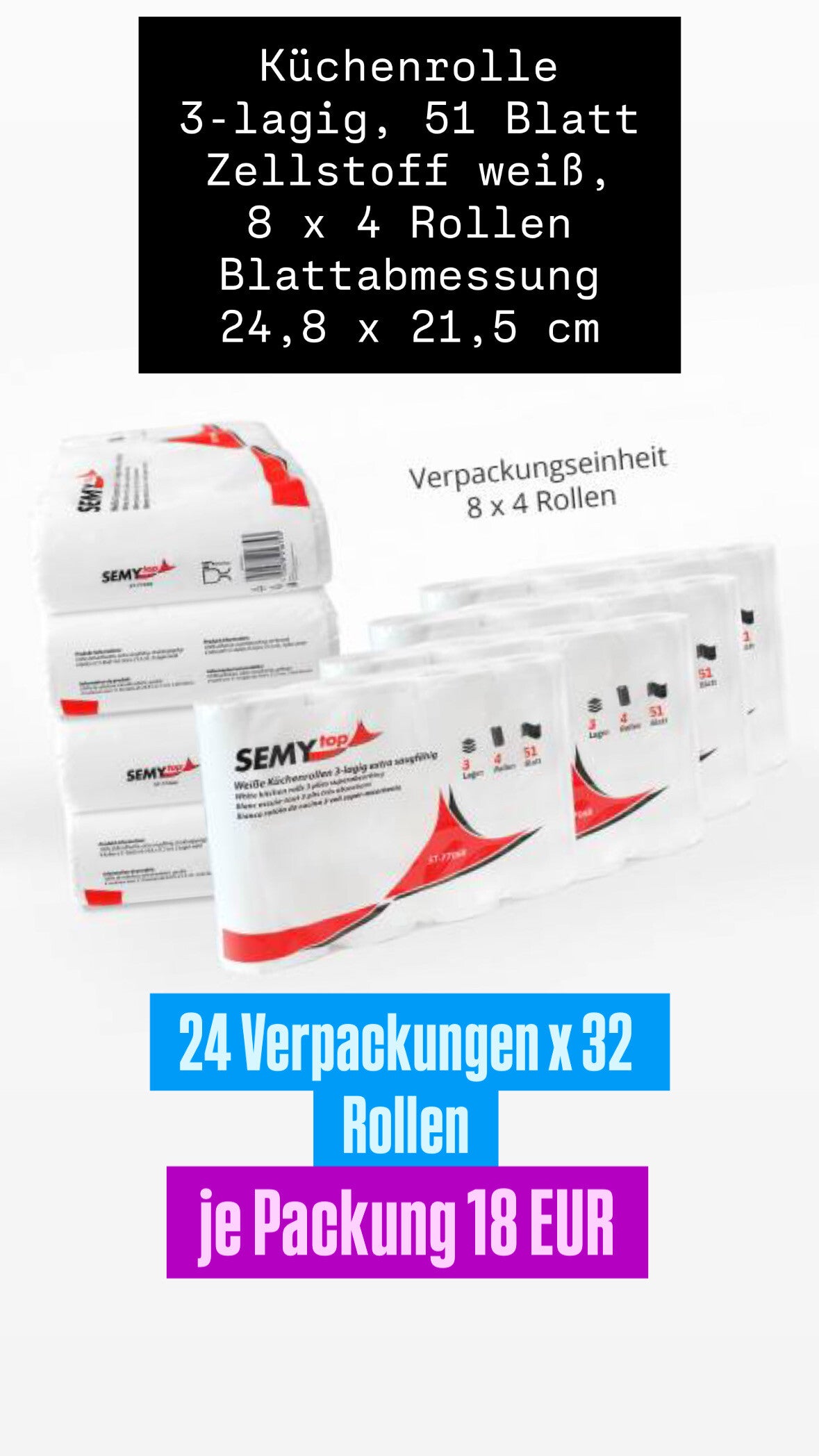Küchenrolle 3 lagig - 24 Verpackungen je 32 Rollen