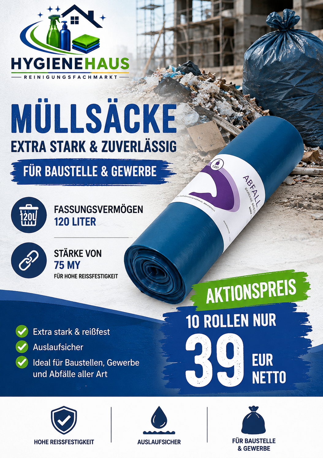 Müllsack 120 Liter extra stark - 10 Rollen