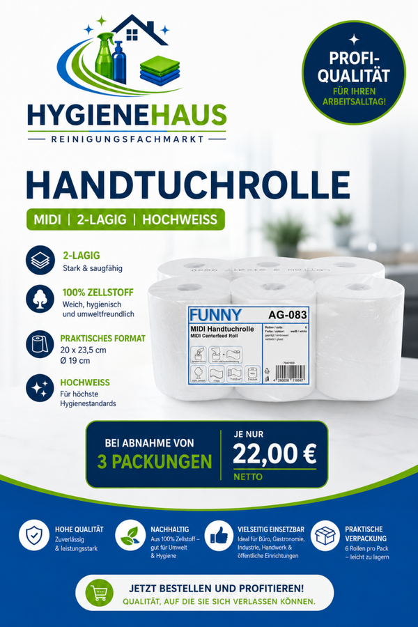 Handtuchrolle, 2-lagig, 100% Zellstoff, hochweiß - 3 Packungen