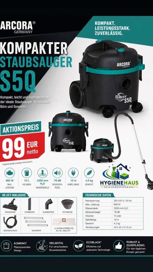 Arcora ECOBLACK S5Q Staubsauger inkl. Zubehör-Set
