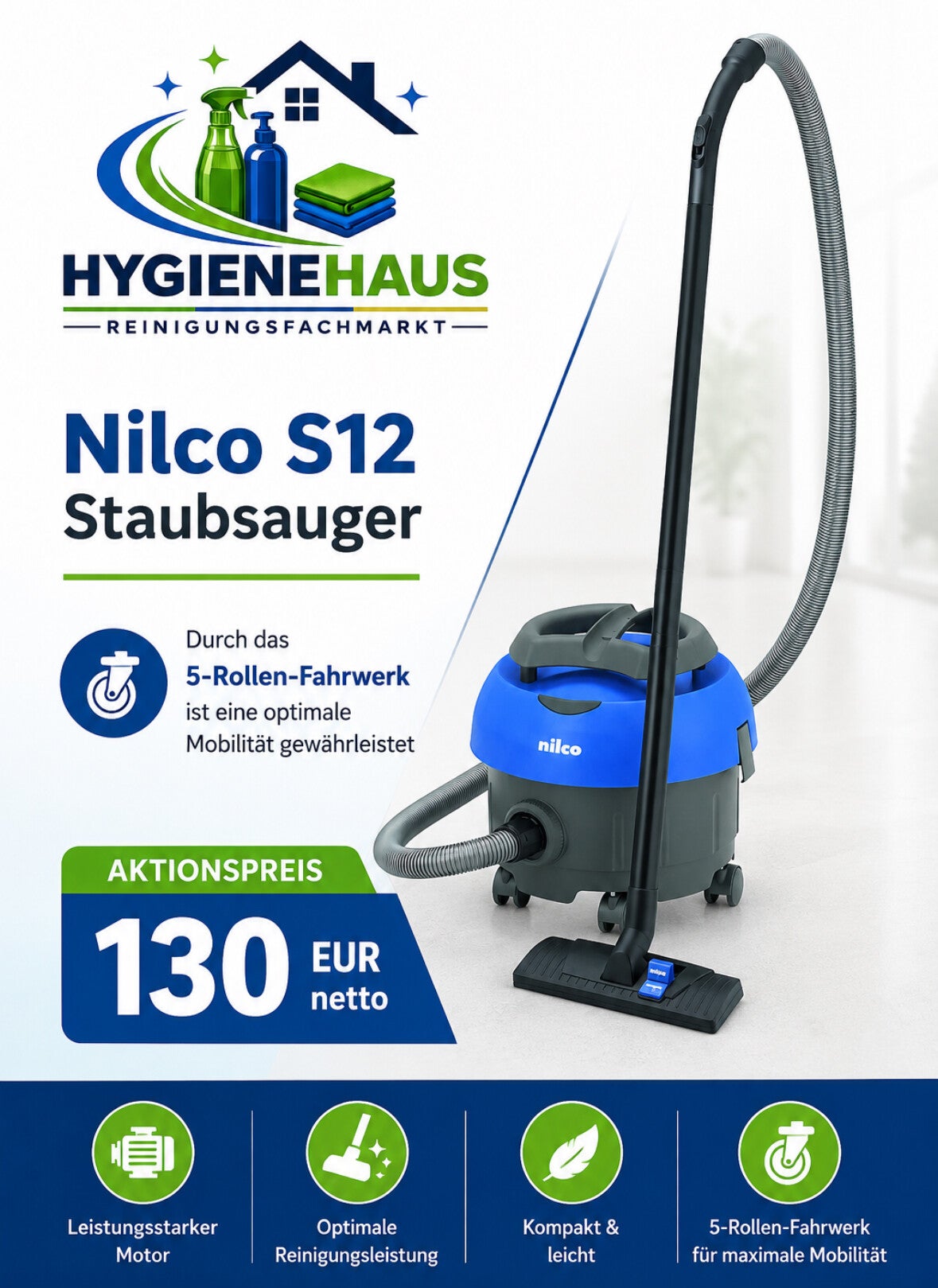 Nilco S 12 - 240 V | Kessel-Trockensauger, schwarz/blau - 750 Watt