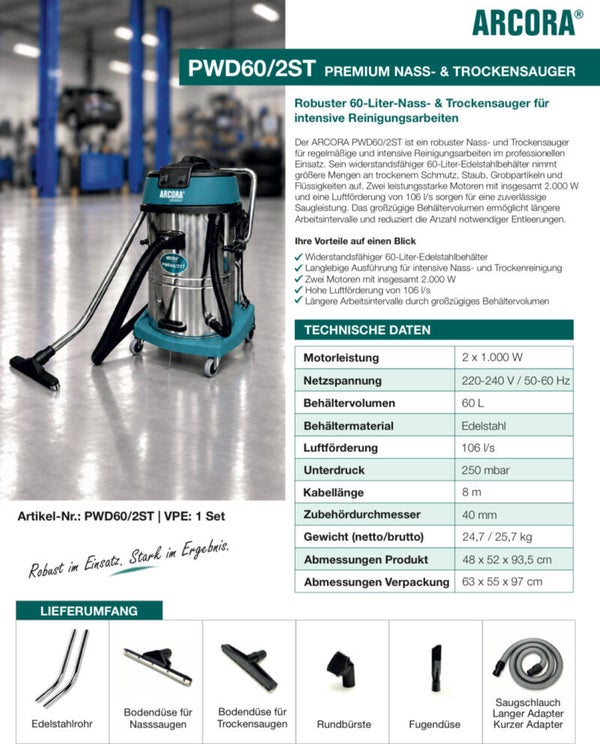 Arcora PWD60/2ST Nasssauger 60 Liter