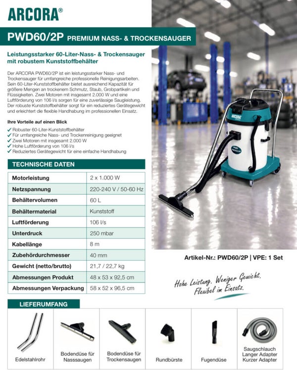 Arcora PWD60/2P Nasssauger 60 Liter