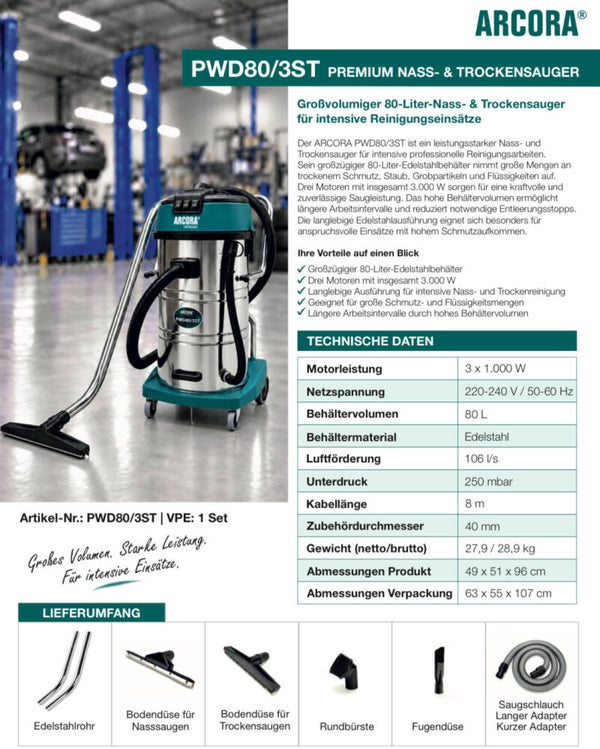 ARCORA PWD80/3ST Nasssauger 80 Liter