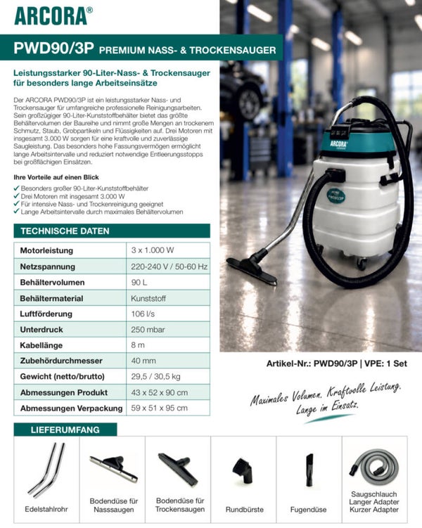 ARCORA PWD90/3P Nasssauger 90 Liter