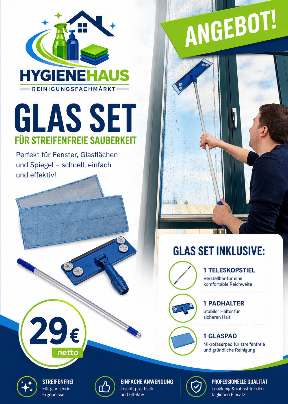 Glas Set - 1 Teleskopstiel + 1 Padhalter + 1 Glaspad