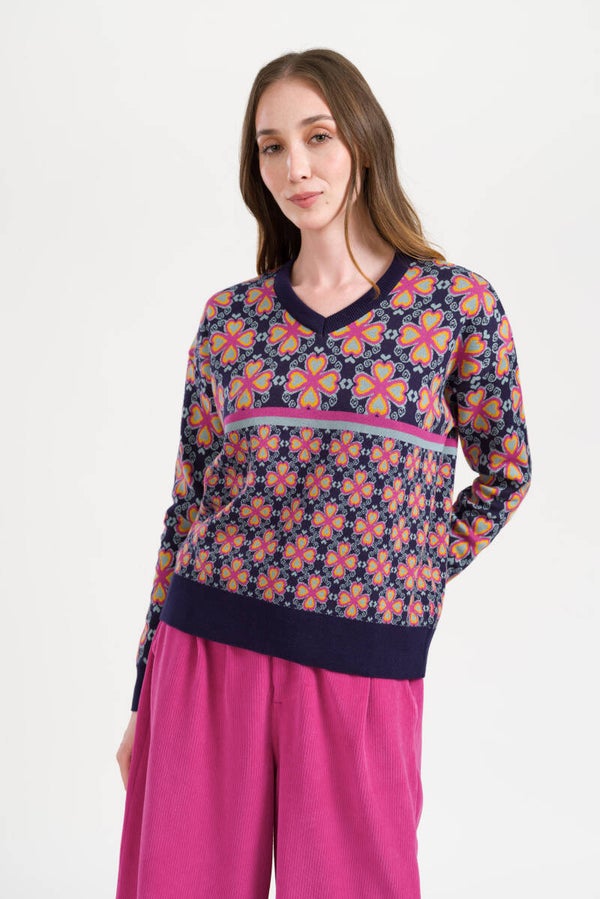 Sweater v-neck retro hearts knitwear - Navy peony