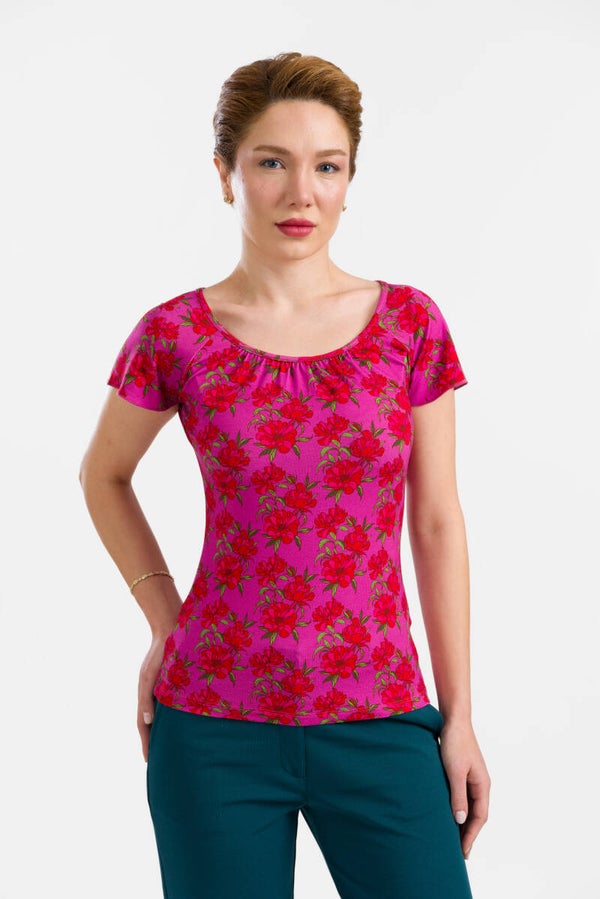 Butterfly top, short sleeve - Fuchsia flowers