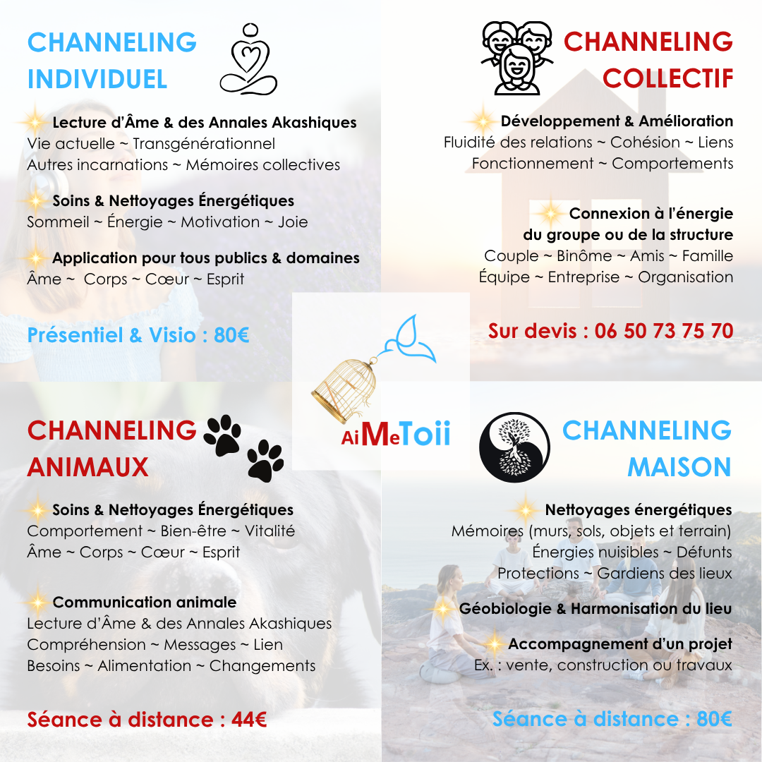 Thérapeute énergétique spécialisée dans la libération des mémoires, le réalignement des chakras et la reconnexion à l’âme dans une approche holistique : channeling énergétique, soins égypto-esséniens, hypnose transpersonnelle et coaching spirituel.