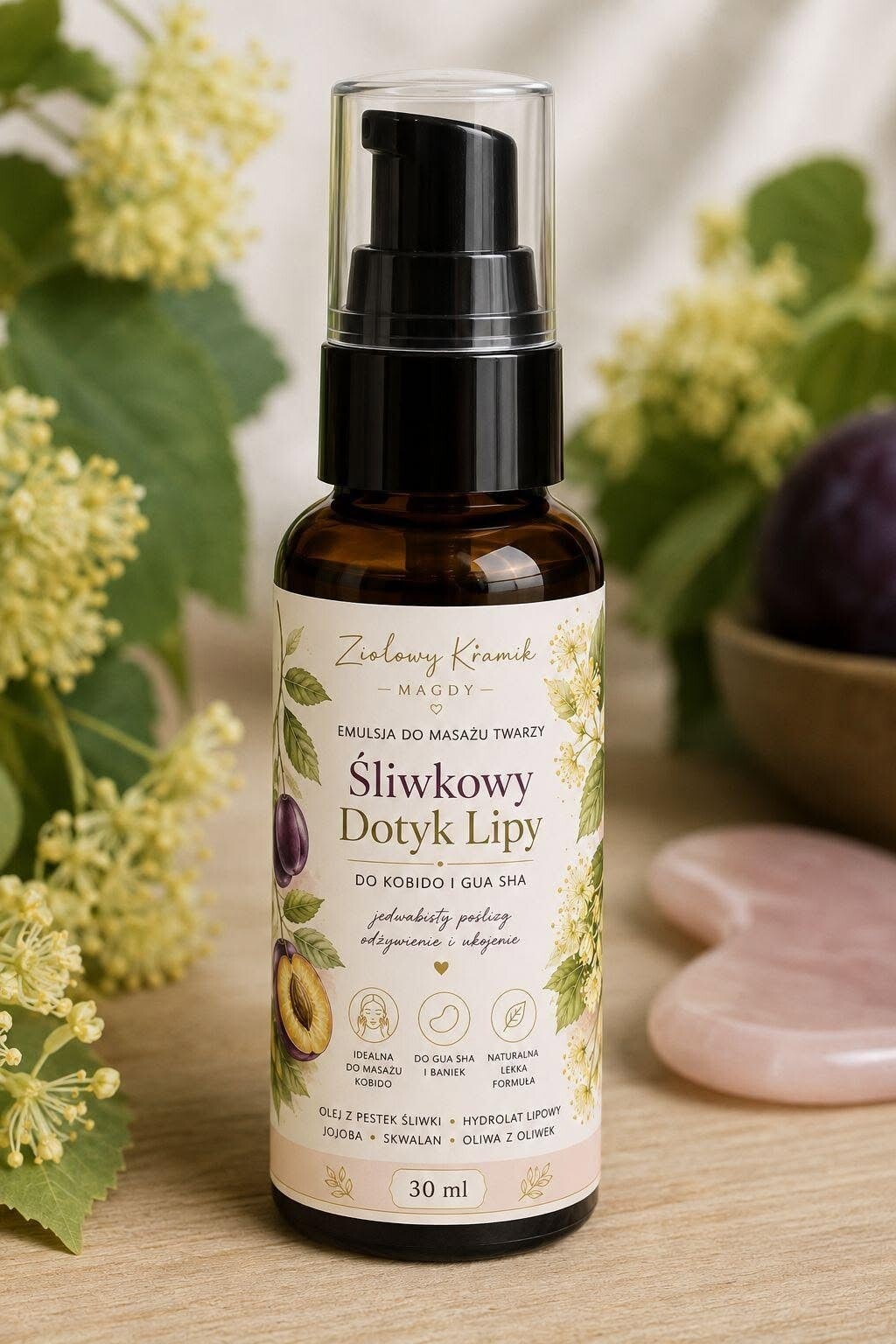 Emulsja do Masażu Twarzy „Śliwkowy Dotyk Lipy” ✨ Do masażu Kobido, Gua Sha i baniek kosmetycznych 30 ml