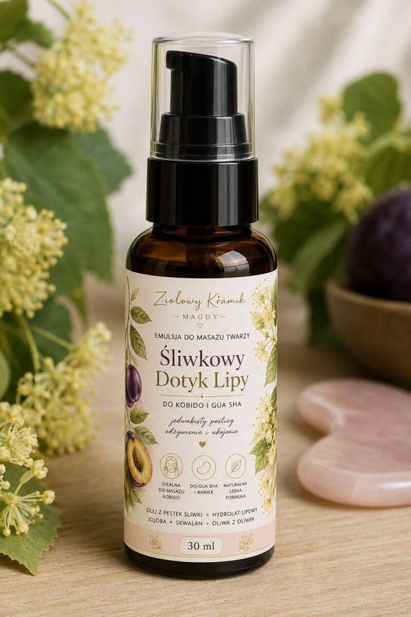 Emulsja do Masażu Twarzy „Śliwkowy Dotyk Lipy” ✨ Do masażu Kobido, Gua Sha i baniek kosmetycznych 30 ml