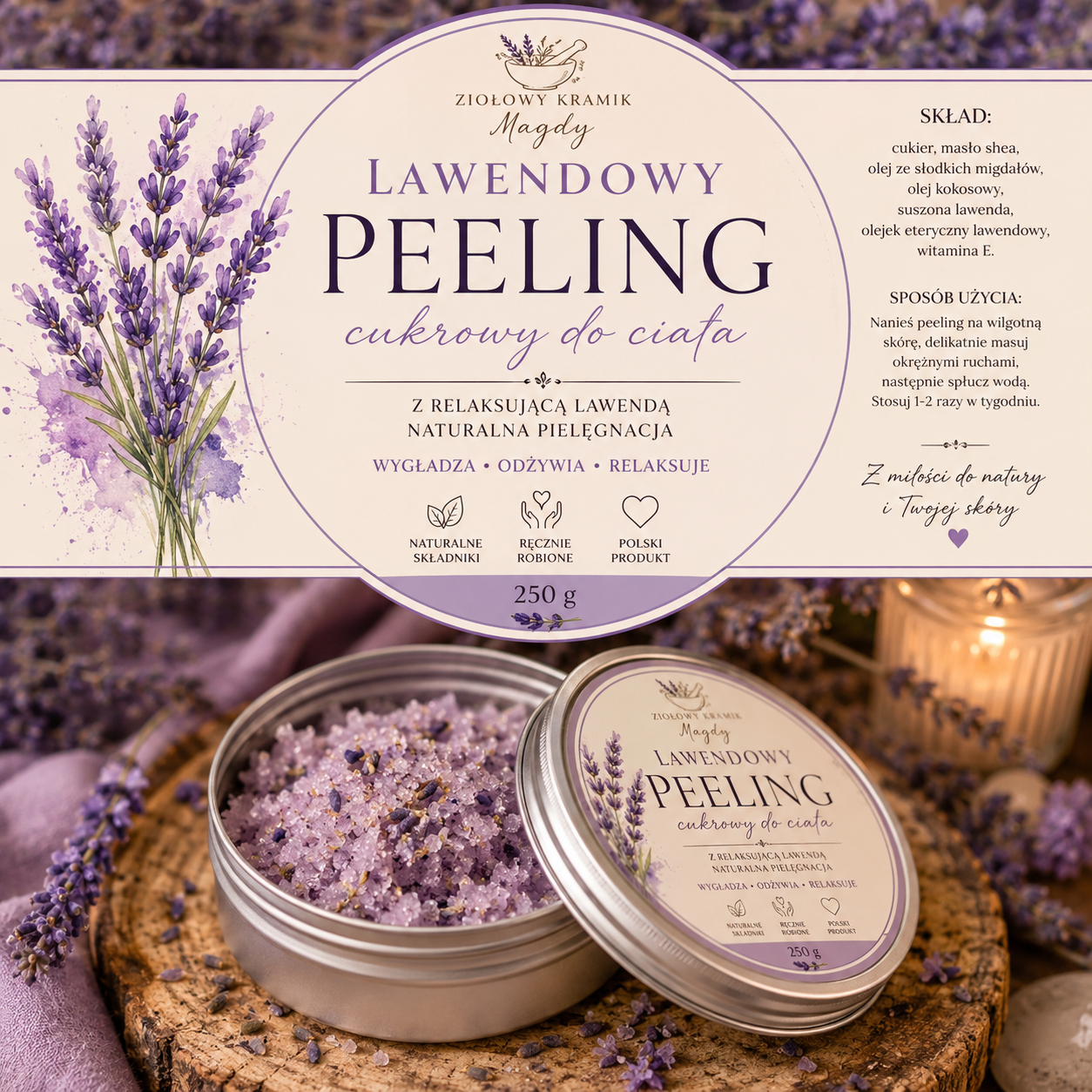 Lawendowy Peeling Cukrowy do Ciała 💜-250 ml