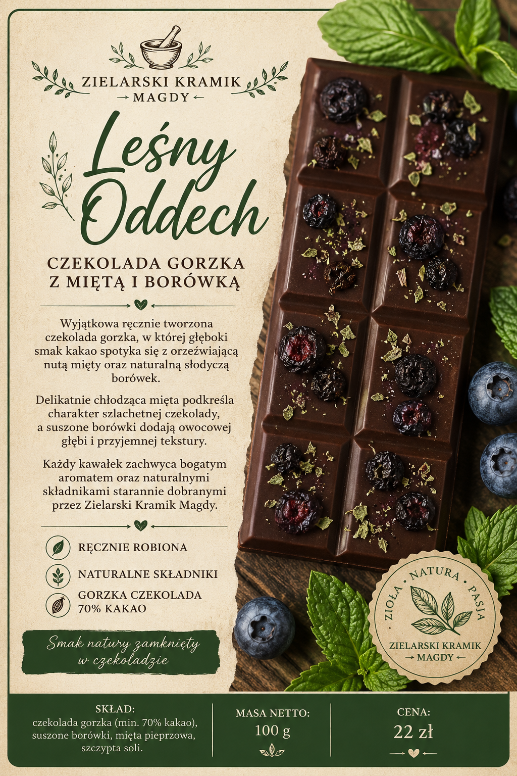Leśny Oddech – Czekolada Gorzka z Miętą i Borówką -100 G