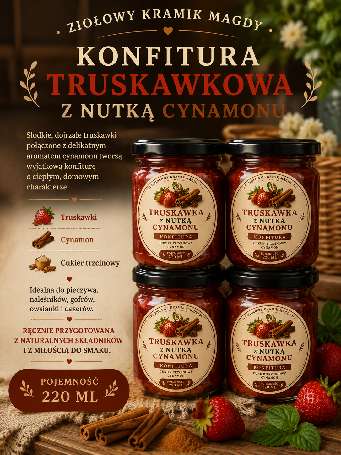 Konfitura Truskawkowa z Nutką Cynamonu 🤎-220 ml