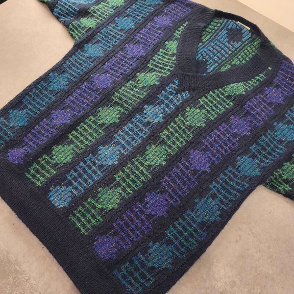 Pull Vintage Italien Nani Bon – Mailles Texturées Bleu/Vert – Taille 54 (XXL/3XL)