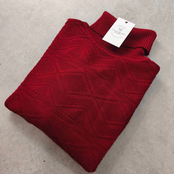 Pull Vintage Col Roulé Bordeaux – Maille Texturée Géométrique – Taille M