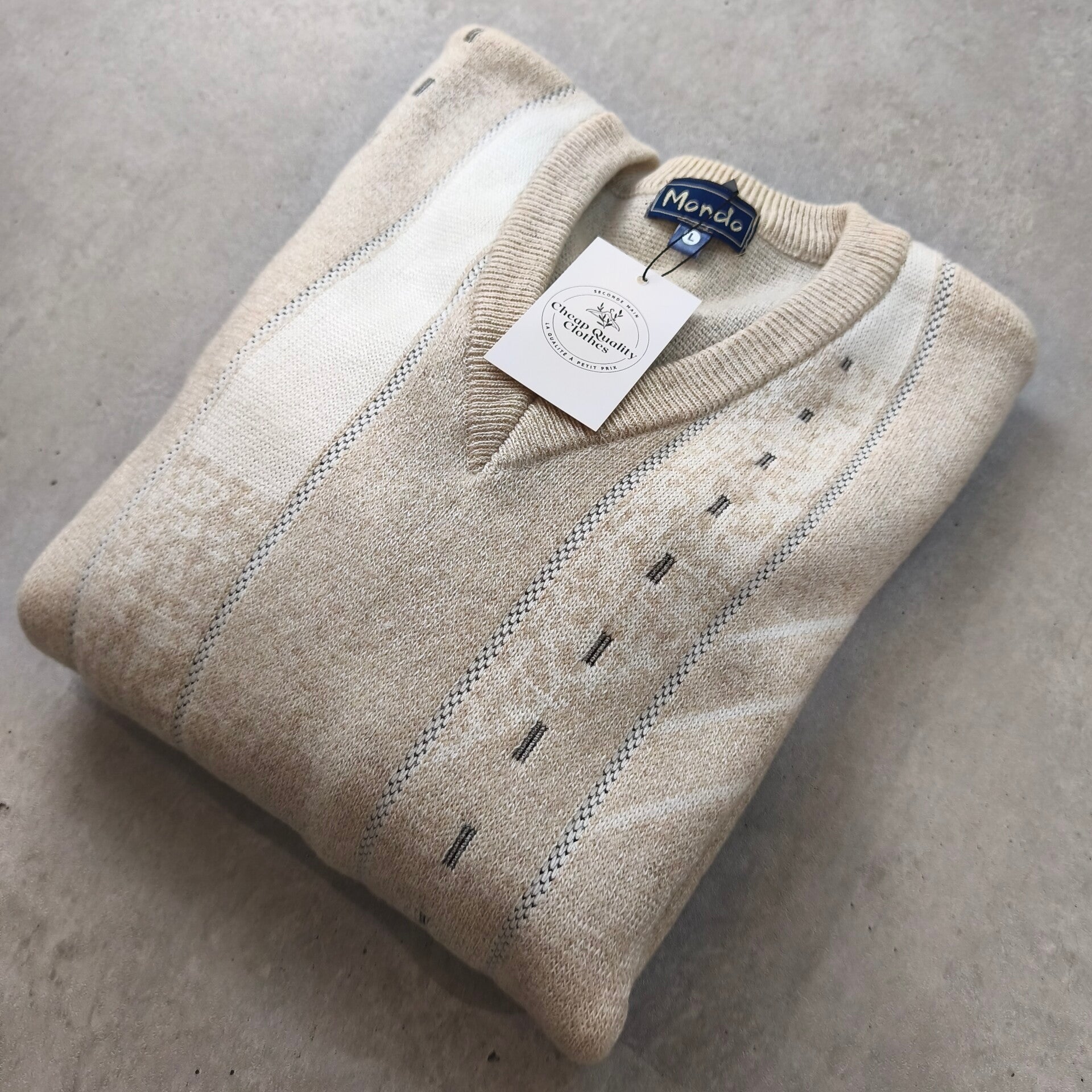 Pull Vintage Col V Beige Chiné 80% Laine Lambswool Taille L