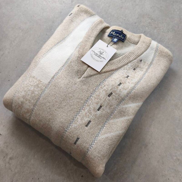 Pull Vintage Col V Beige Chiné 80% Laine Lambswool Taille L