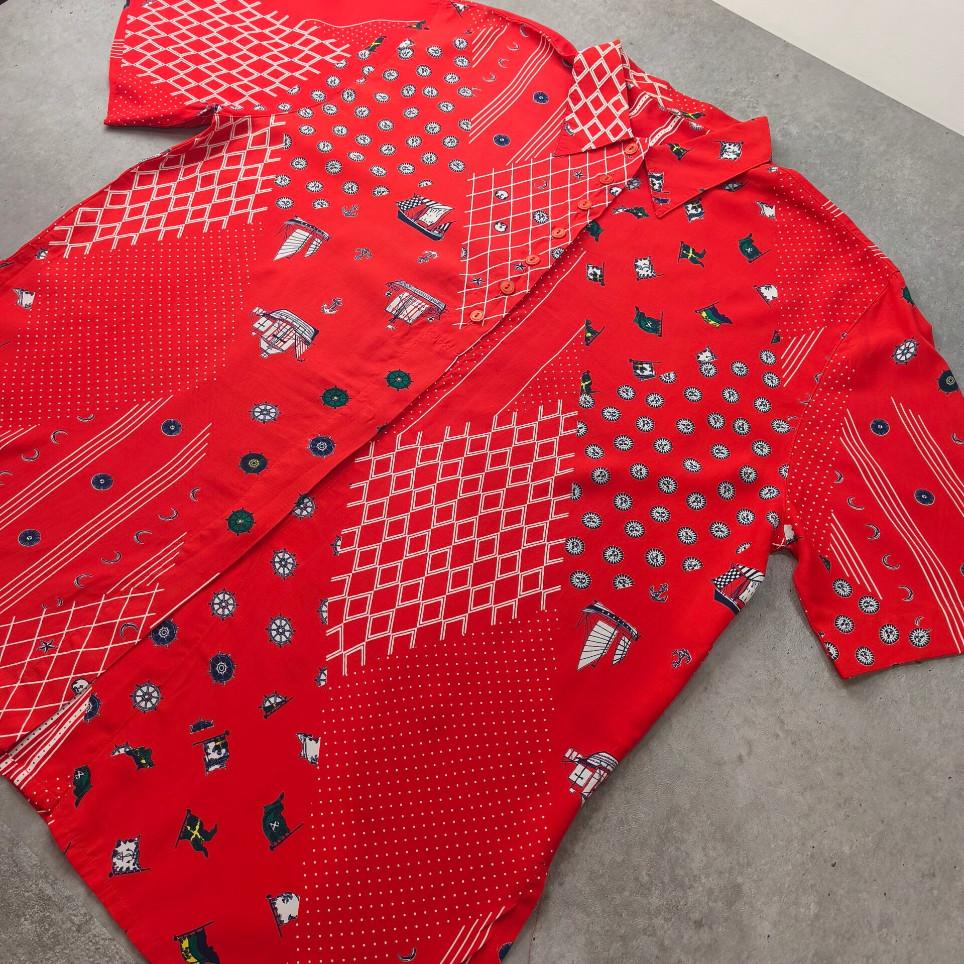 Chemisier Vintage Rouge Orangé à Motifs Nautiques - Taille 46 / Oversize - Fluide & Léger