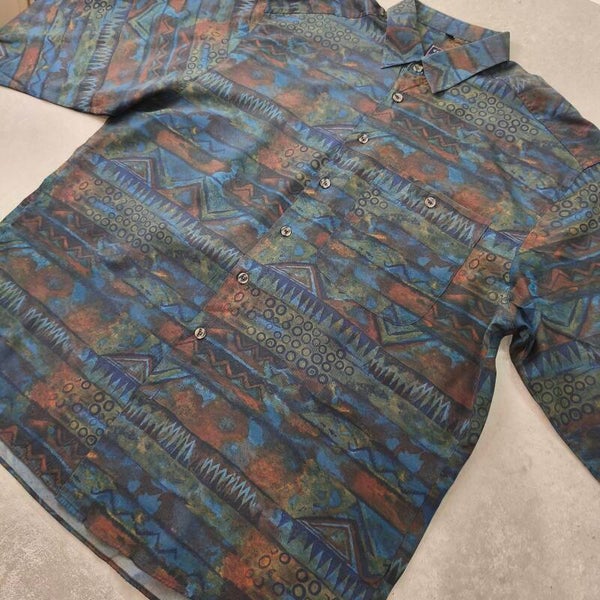 Chemise Vintage 90s Club D’amingo – Motif Abstrait Ethnique – Taille XL (Fit 2XL)