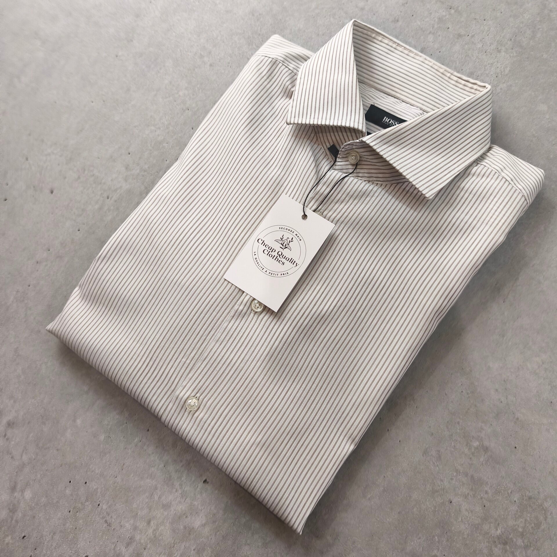 Chemise Hugo Boss XL (43) Regular Fit - Coton Rayé Beige & Blanc Cassé