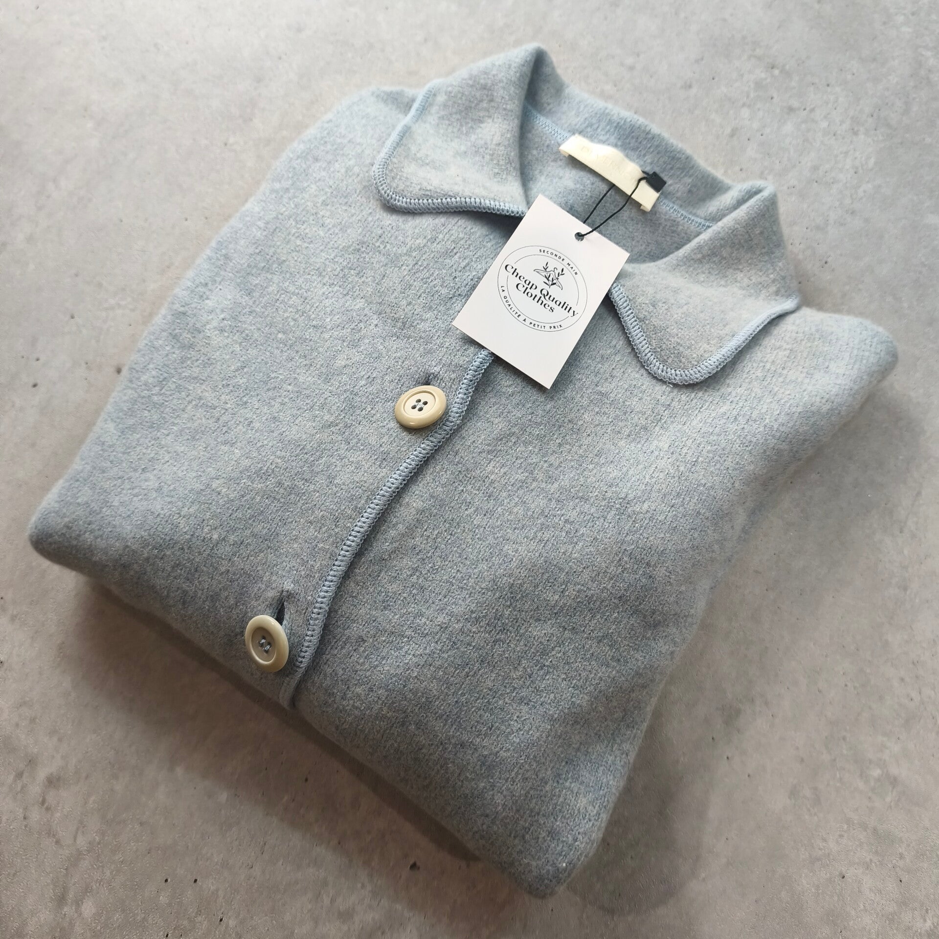 Cardigan Vintage Devernois 100% Lambswool Bleu Ciel - Taille L/XL