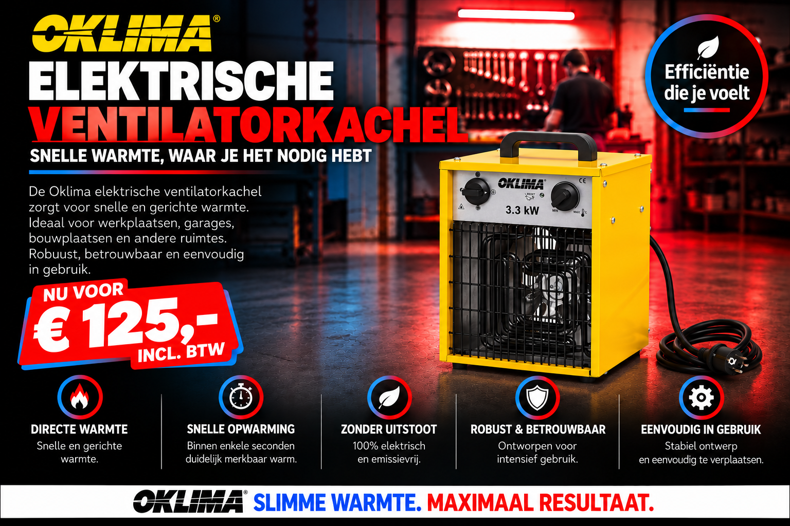 Oklima elektrische heater 3,3 kW – compact en krachtig verwarmen