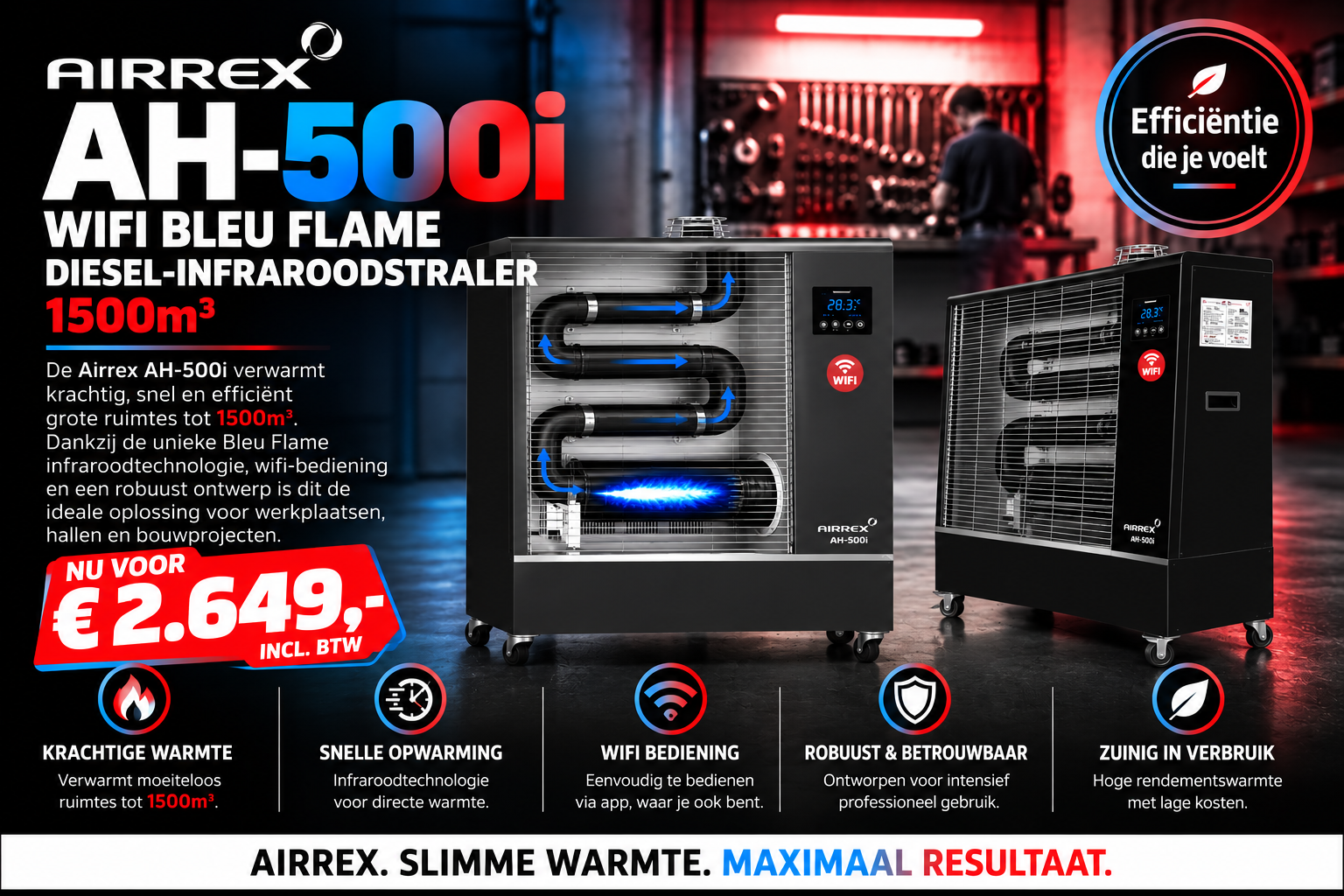 Airrex AH-500i Wifi bleu flame diesel-infraroodstraler 1500m³