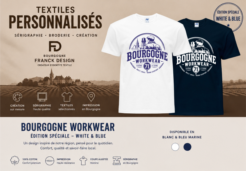 T-shirt bourgogne Workwear White & Blue sérigraphiés par Franck Design en Bourgogne