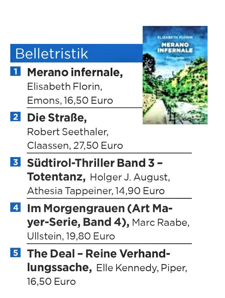 Merano infernale auf Platz 1 der Bestsellerliste in der Tageszeitung Dolomiten am 30. April 2026