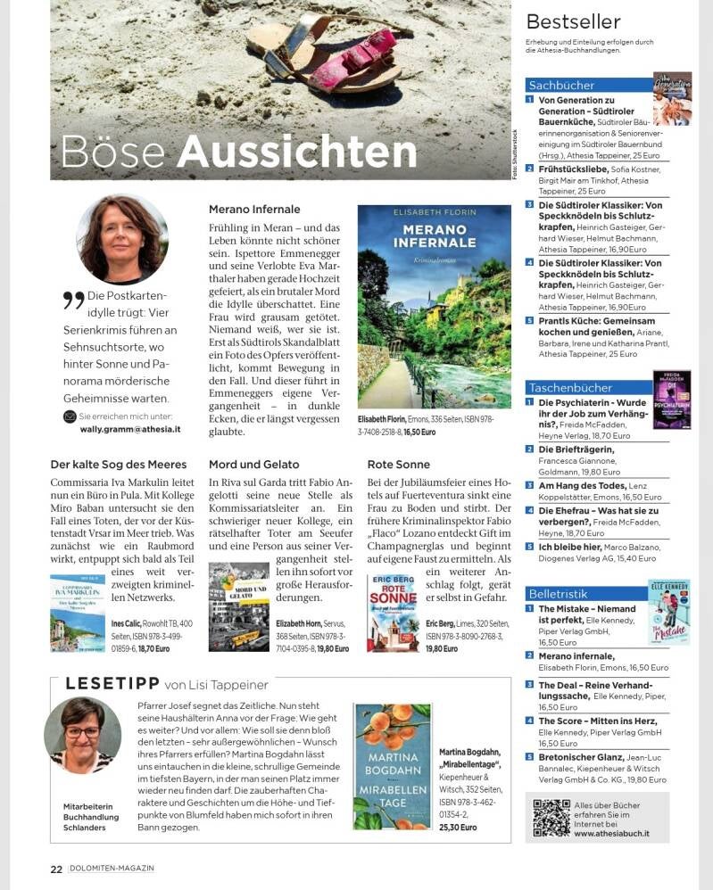 Auch Ende August 2026 ist Merano infernale Bestseller. Das Buch steht am 21. August auf Platz 2 der Bestsellerliste Südtirols in der Kategorie Belletristik