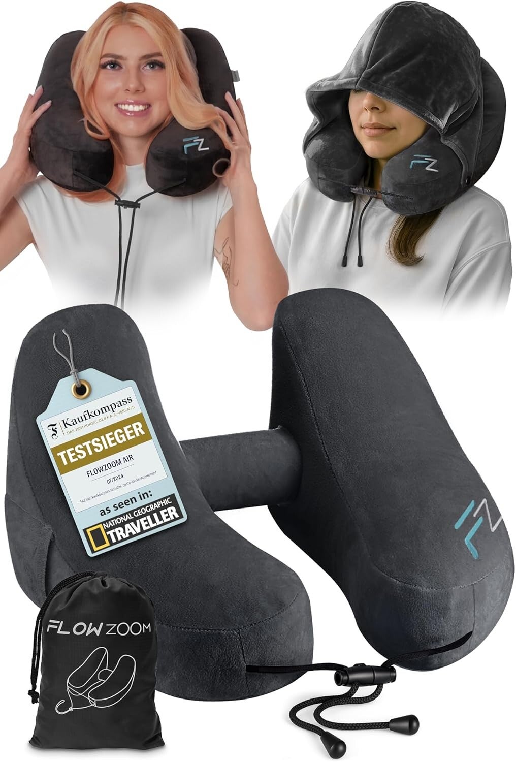 Ein schwarzes Nackenkissen zum aufblasen