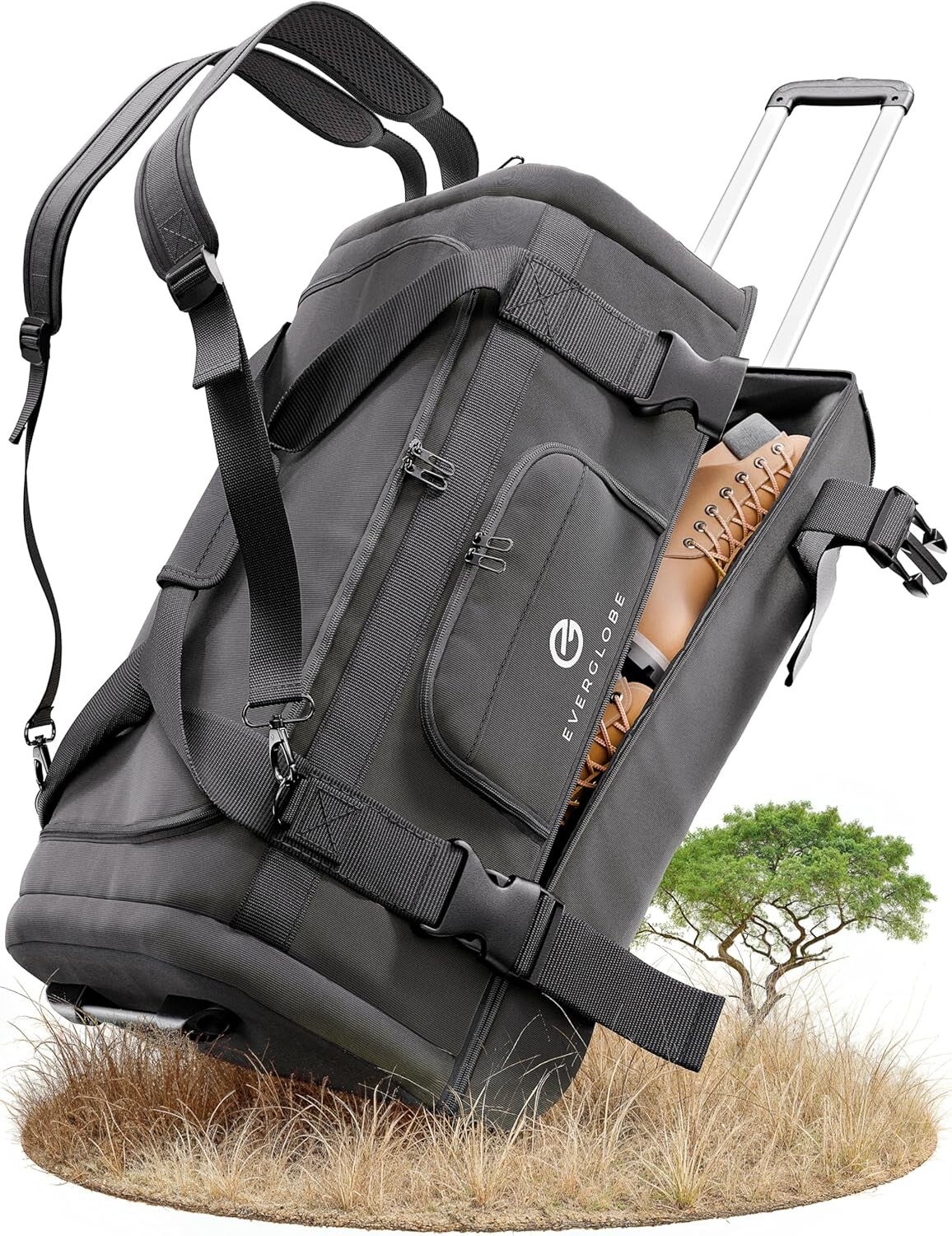 Eine graue Reisetasche mit Rollen